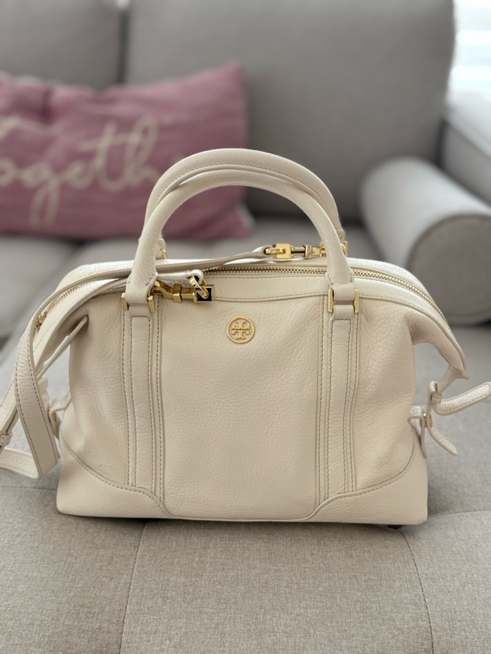 Tory Burch Cream Pebbled Leather Satchel with Gold Hardware